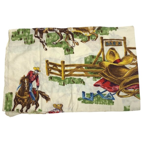 Set of Two 1950-60s Cowboy Western Rodeo Pillow Cases Fabric Horse Steer w/ Flaw - Picture 6 of 9